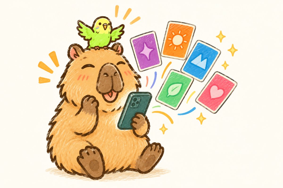 カピバラとインコが、スマートフォンで資質カードを眺めているイラスト