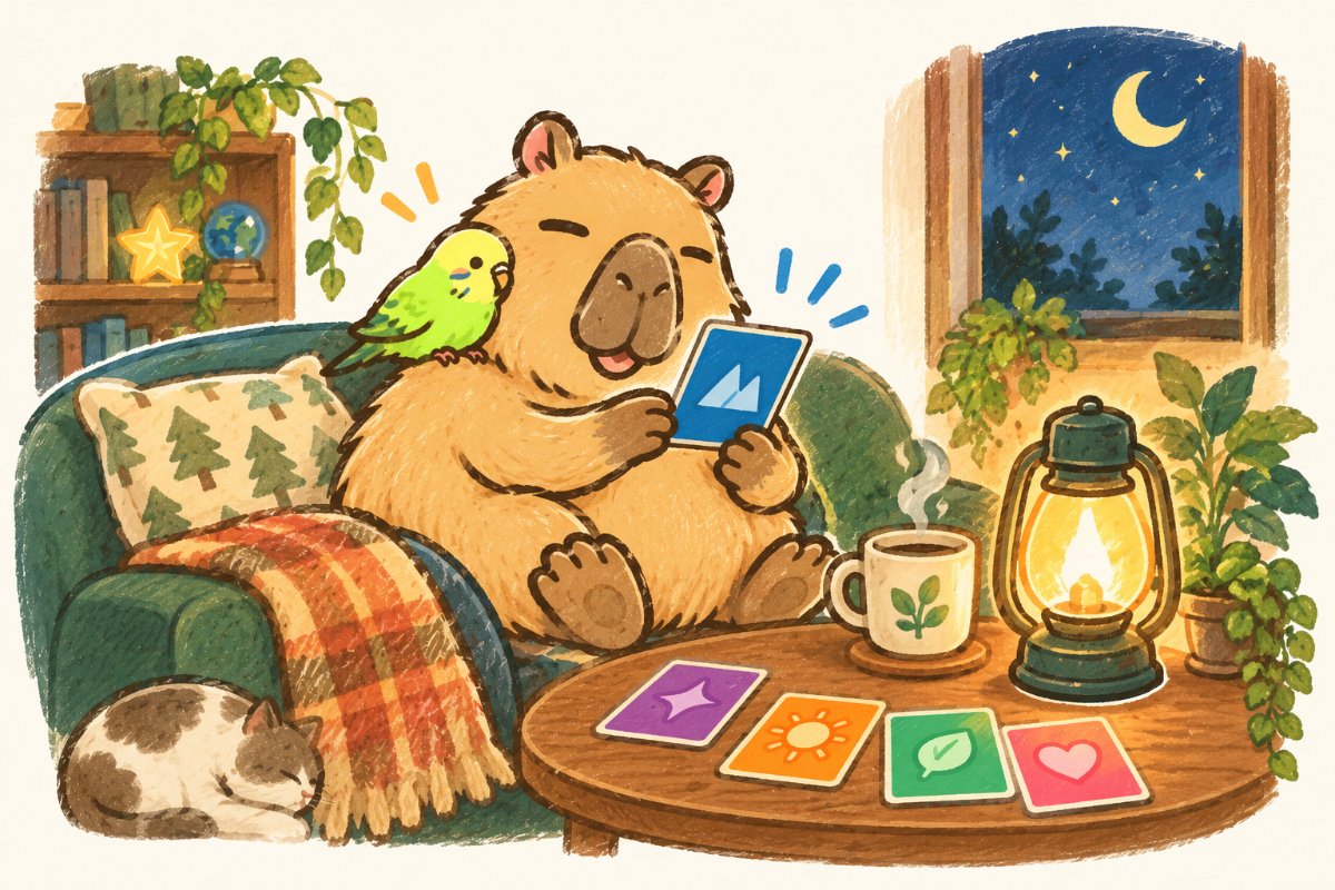 カピバラとインコが、ストレングスのカードを見ながら考えている水彩風イラスト