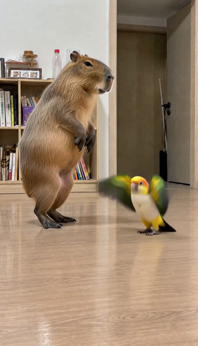 カメラを向けたら。（カピバラ×シロハラインコ ダンスミーム）の一場面
