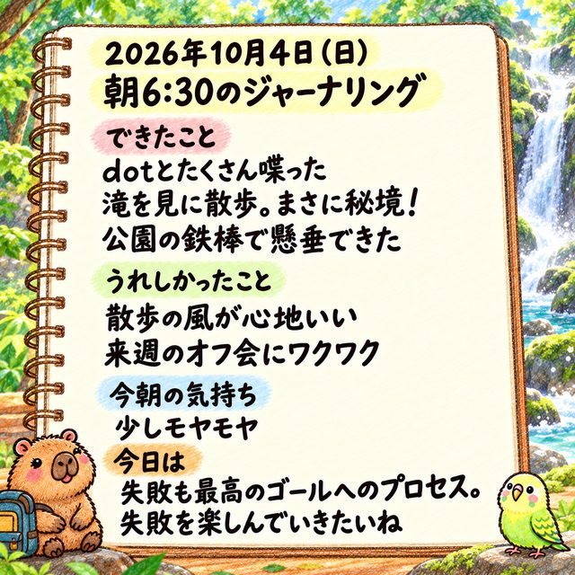 2026-10-04朝｜秘境の滝を見に散歩の一場面