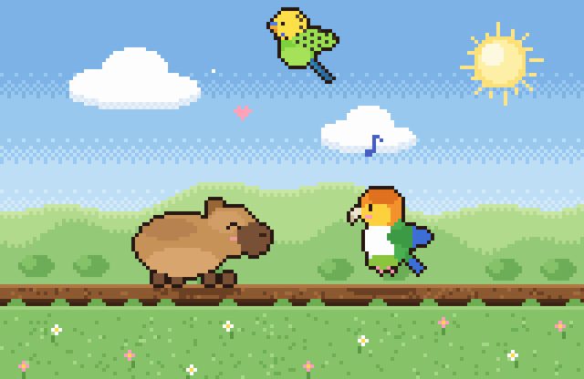 ぴょんぴょん日和（シロハラインコ×カピバラ×セキセイインコ ドット絵）の一場面