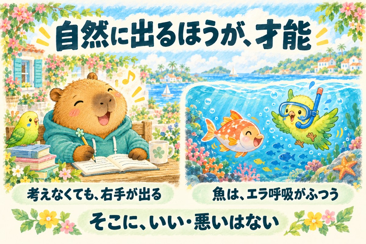 図解：自然に出るほうが、才能。考えなくても右手が出る。魚はエラ呼吸がふつう。そこに、いい・悪いはない。