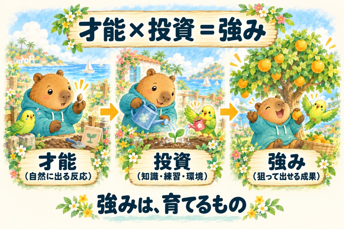 図解：才能×投資＝強み。才能（自然に出る反応）に、投資（知識・練習・環境）で水をやると、強み（狙って出せる成果）になる。強みは、育てるもの。