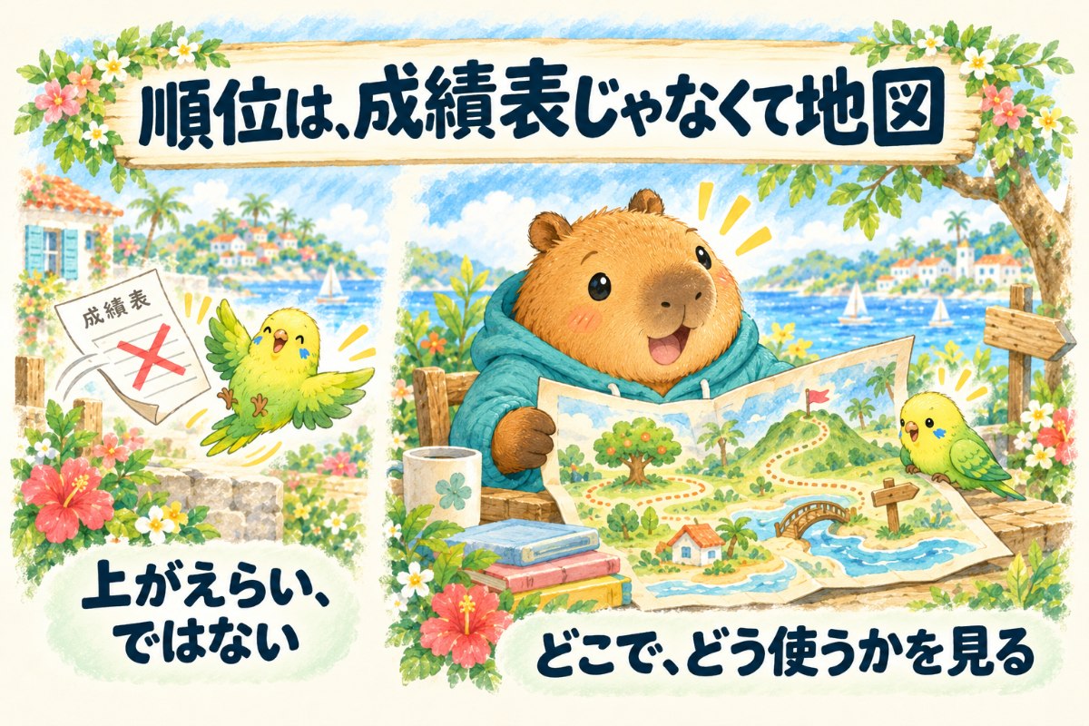 図解：順位は、成績表じゃなくて地図。上がえらい、ではない。どこで、どう使うかを見る。