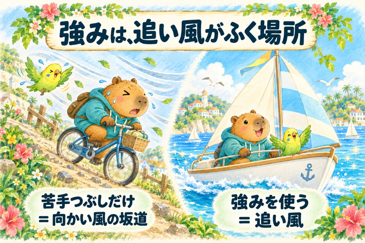 図解：強みは、追い風がふく場所。苦手つぶしだけ＝向かい風の坂道。強みを使う＝追い風。