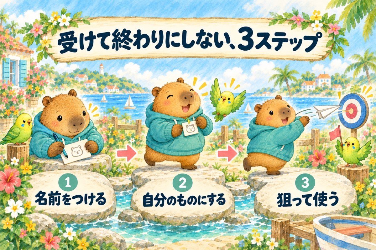 図解：受けて終わりにしない、3ステップ。1 名前をつける、2 自分のものにする、3 狙って使う。