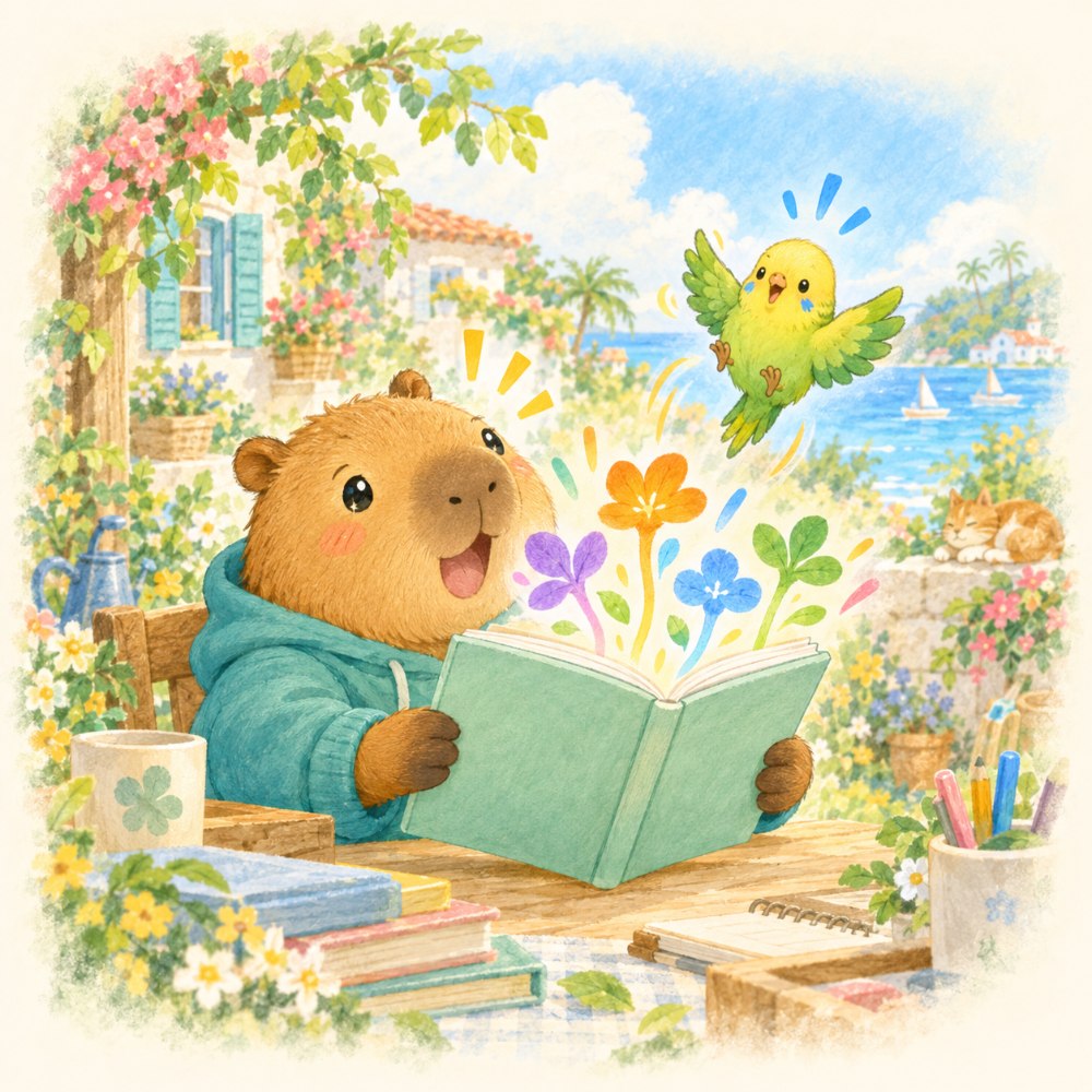 明るい島の庭先で、自分の取扱説明書を開いたら色とりどりの花が飛び出して、目を輝かせるカピバラと、びっくりして飛び上がるインコ